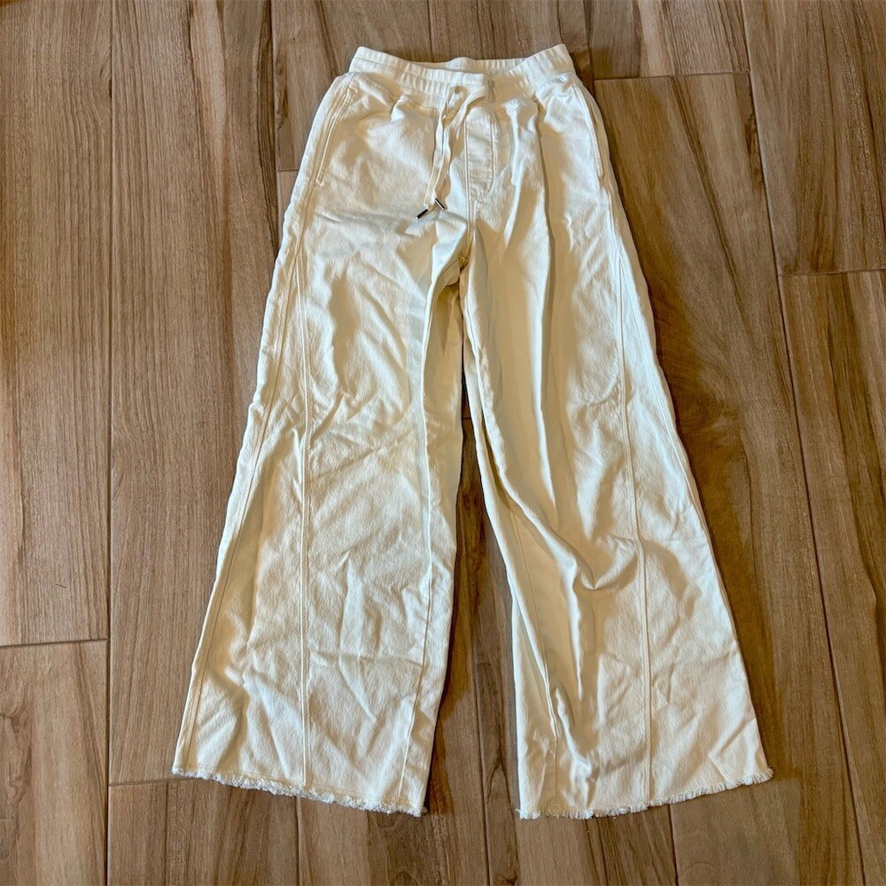 Aerie Lounge Pants Womens Tall S Ivory Wide-Leg Drawstring Raw Hem Pockets